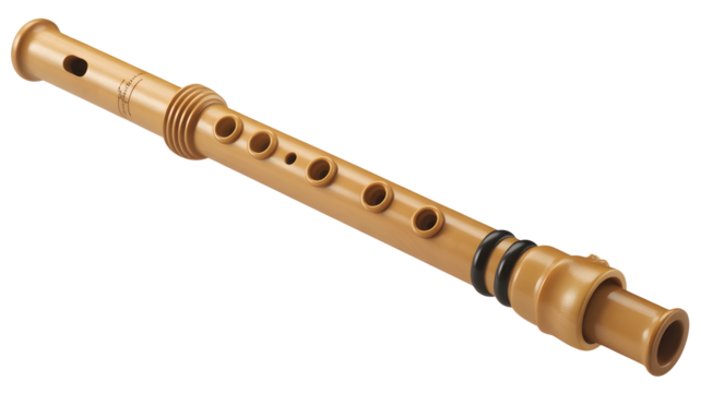 Simple tan recorder flute with finger holes and black rings for music education and practice