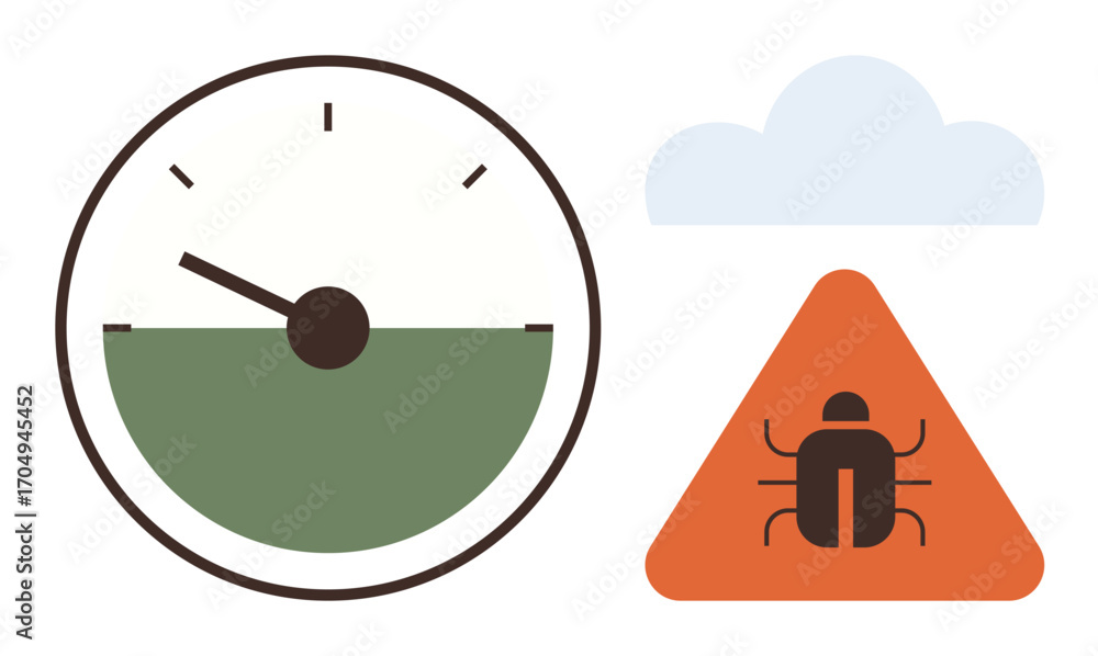 Aufkleber circular performance gauge, orange warning triangle with bug, and cloud representing system monitori