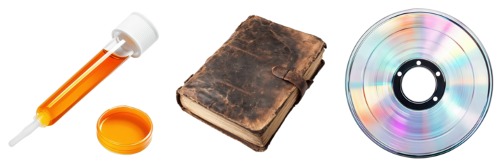 Retro Technology Assortment Featuring A Vial, Book, and CD Disc on transparent background