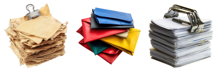 Stacks of aged papers, colorful envelopes and paper clips set on transparent background