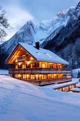 Naklejka premium Wooden mountain chalet illuminated at dusk with snowy mountains in the background