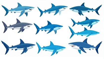 Fototapeta premium Collection of cartoon sharks in various shades of blue and gray, swimming with open mouths on a white background.