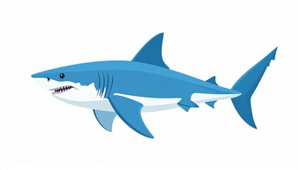 Fototapeta premium A blue and white shark illustration swimming, showing its teeth and fins against a white background.