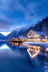 Fototapeta premium Illuminated wooden houses reflecting in a calm lake under a starry sky during winter
