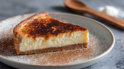 South African milk tart with cinnamon dust, modern backdrop with central text space 