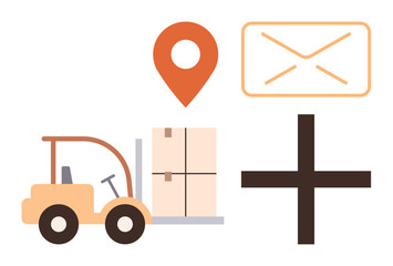 Forklift lifting a box, location marker, envelope shape, and plus sign conveying shipping, parcel transport, delivery, warehouse logistics, tracking customer service. Ideal for e-commerce