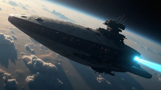 Highly detailed huge spaceship approaching to the Earth