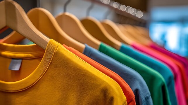 Colorful tshirts on a hanger in fashion store