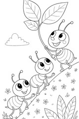 Cute ants carrying leaf on hill coloring page for kids, black and white line art illustration with insects in nature — Children’s coloring book words + concept