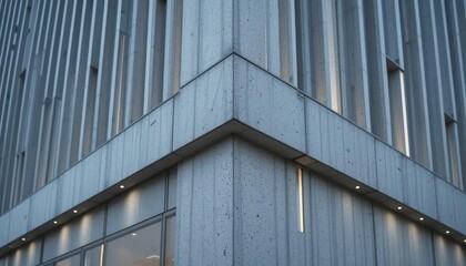 Modern building corner detail, showcasing textured concrete facade, subtle lighting, and vertical lines.