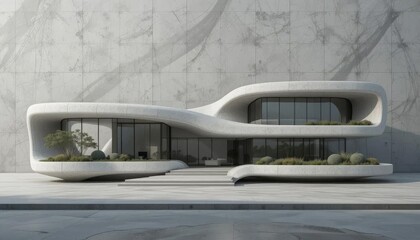 Obraz premium Modern, futuristic architectural design showcasing a sleek, organic-shaped building with large windows.