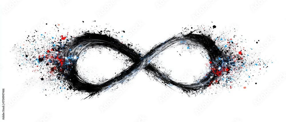 Poster artistic technique symbolic concept. abstract infinity symbol created with black splashes and touche