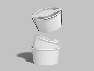 White Blank Three Paper Bowl with Transparent Plastic Lid Mockup 3D Food Takeaway Packaging Floating