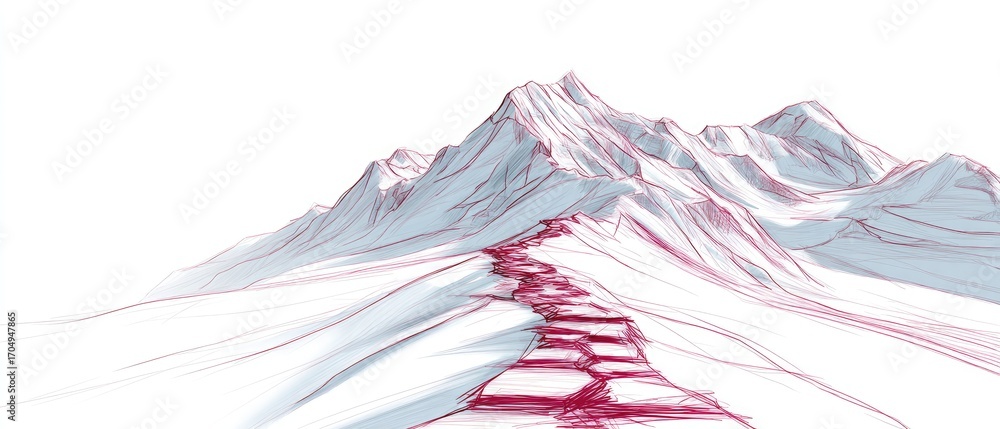 Poster artistic technique symbolic concept. abstract line drawing of mountains with a winding path through 