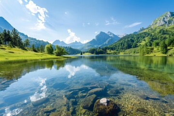 Fototapeta premium Crystal-clear mountain lake reflecting the Alps on a sunny summer day