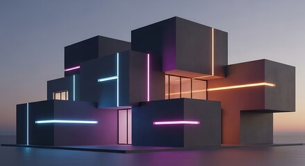 Futuristic cubic architecture illuminated by vibrant neon accents design