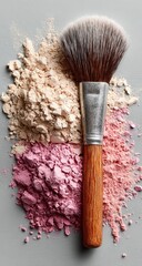 Beige and pink powder makeup with brush