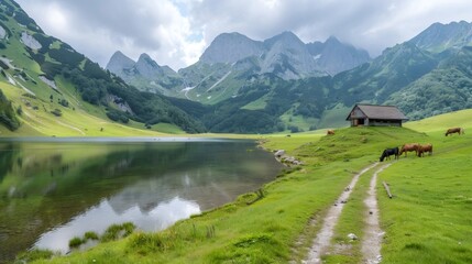 Obraz premium Cows grazing near alpine lake reflecting surrounding mountains in Austria