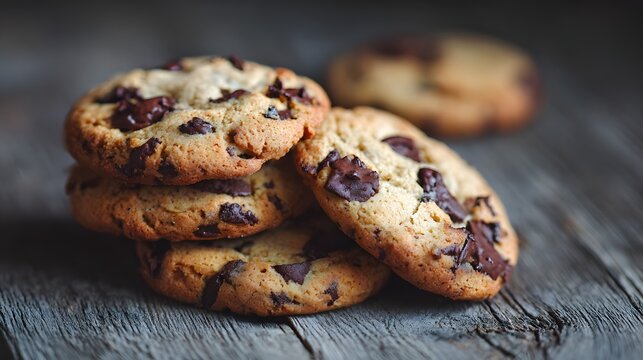 Ultra close-up of freshly baked American chocolate chip cookies on a wooden background with space on the right 