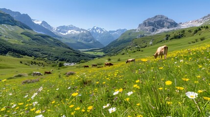 Cows grazing in a colorful flowered meadow in the French Alps