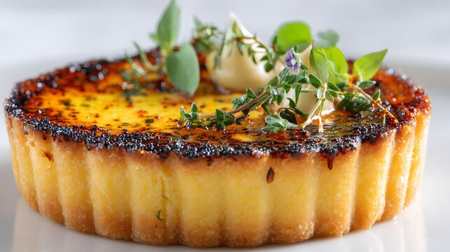 Ultra close-up of lemon tart with burnt tips and herbs, side space for presentation 