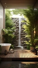 Serene bathroom sanctuary featuring a waterfall shower and lush green botanical elements for