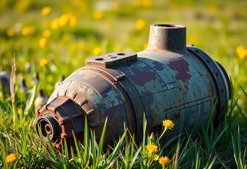 Close-up of a rusted, unexploded bomb in a field,  metal,  destruction