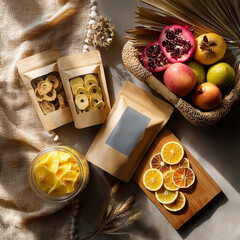 Natural dried fruits in eco-friendly kraft paper bags and glass jars, styled with fresh tropical fruits and rustic decor. Healthy snack and organic food concept in warm natural light.