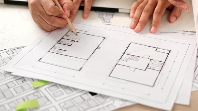Professional engineer team discussion about house design on meeting table with architectural equipment and building blueprint scatter around at modern office. Focus on hand. Closeup. Delineation.