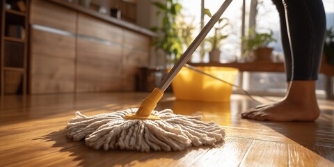 Woman cleaning wooden floor with mop in bright room, showcasing home care and cleanliness