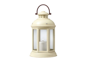 Cream lantern with lit candle isolated on transparent background