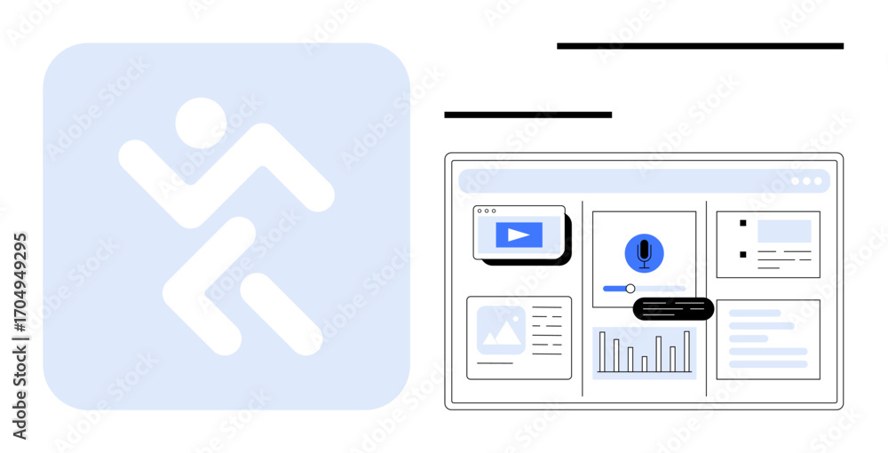 Aufkleber human figure icon and interactive data dashboard showing video, alert, graph, and insights. ideal fo