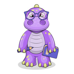 Cute Cartoon Dinosaur with Glasses holds Pencil and Book. Back to School Vector Illustration of Animal on a white background.