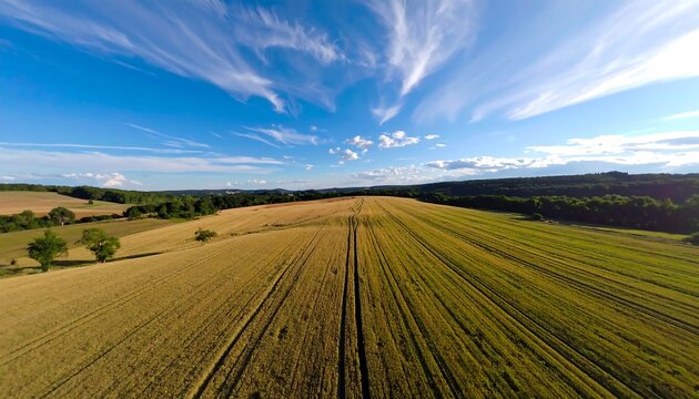 Wide aerial shot of a vast farmland with golden fields, tree clusters, rolling hills, and a dramatic blue sky