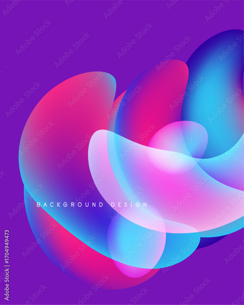 Poster abstract fluid shapes overlap, creating vibrant color gradients. purple background enhances dynamic 