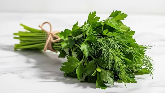 Fresh herb bundle on marble surface