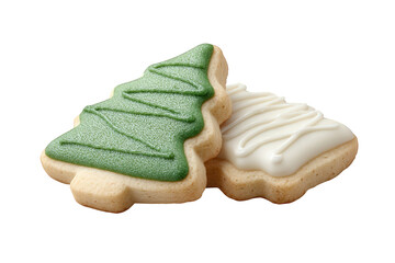 Two christmas tree sugar cookies decorated with green and white icing isolated on transparent background