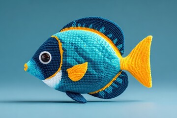 Colorful Beaded Fish Plush Toy with Large Eye and Bright Yellow Fins on Blue Background