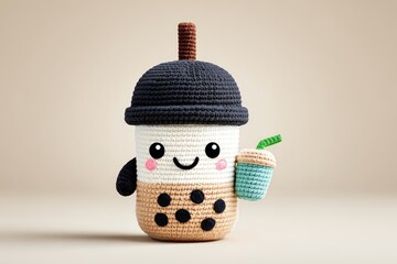 Cute Crochet Bubble Tea Tea Cup Character with Straw and Tapioca Pearls on Beige Background