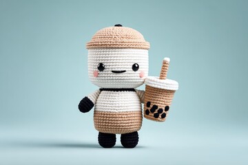 Crochet Toy Character Holding Bubble Tea with Straw and Black Tapioca Pearls
