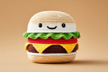 Cute Hamburger Crochet Toy with Smiling Face in Neutral Background