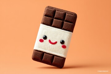 Kawaii Cute Smiling Chocolate Bar with Facial Features on Peach Background