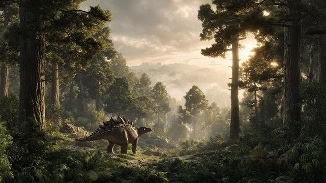 Prehistoric Forest: A majestic stegosaurus explores a primeval forest bathed in ethereal sunlight, evoking the awe of a bygone era.