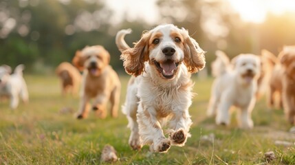 Cocker Spaniel happily playing with other dogs at a dog park, with open space and playful interactions.