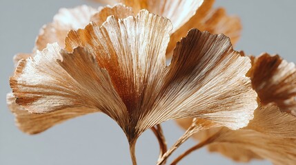 Golden ginkgo biloba leaves with detailed veins, close up macro shot, soft focus light.