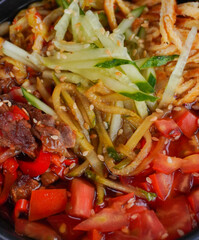 Close-up of Asian noodle soup with cucumber, tomato, shredded vegetables, beef, garnished with sesame seeds.