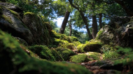 Sun-drenched mossy forest floor with ancient rocks and dappled sunlight filtering through lush green trees