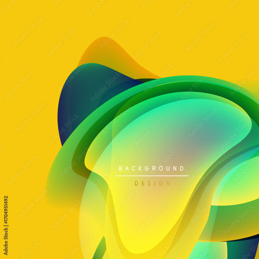 Poster abstract colorful layers create dynamic flow. yellow backdrop emphasizes vibrant green, blue gradien