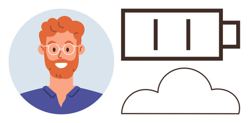 Portrait of a cheerful bearded man with glasses beside a partially filled battery and a cloud outline. Ideal for technology, energy, productivity, cloud computing, optimism, innovation