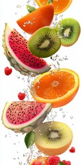 Flying composition of fresh fruits including orange, kiwi, watermelon, raspberries, and dragon fruit splashing in water. Dynamic and refreshing healthy food concept on white background.